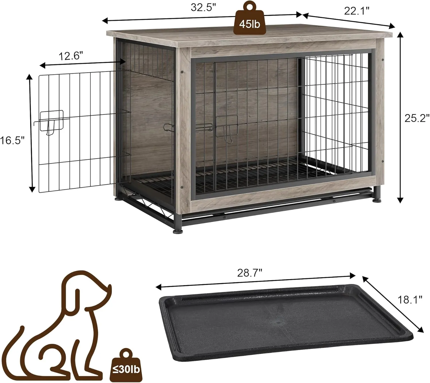 JY QAQA Wooden Crate Furniture, Double-Doors Indoor Kennel Table, Dog House, Cage/Grey/M