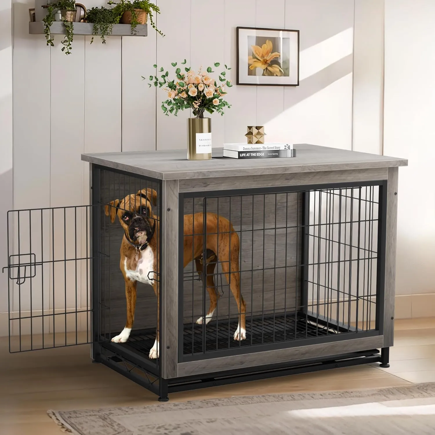 JY QAQA Wooden Crate Furniture, Double-Doors Indoor Kennel Table, Dog House, Cage/Grey/M