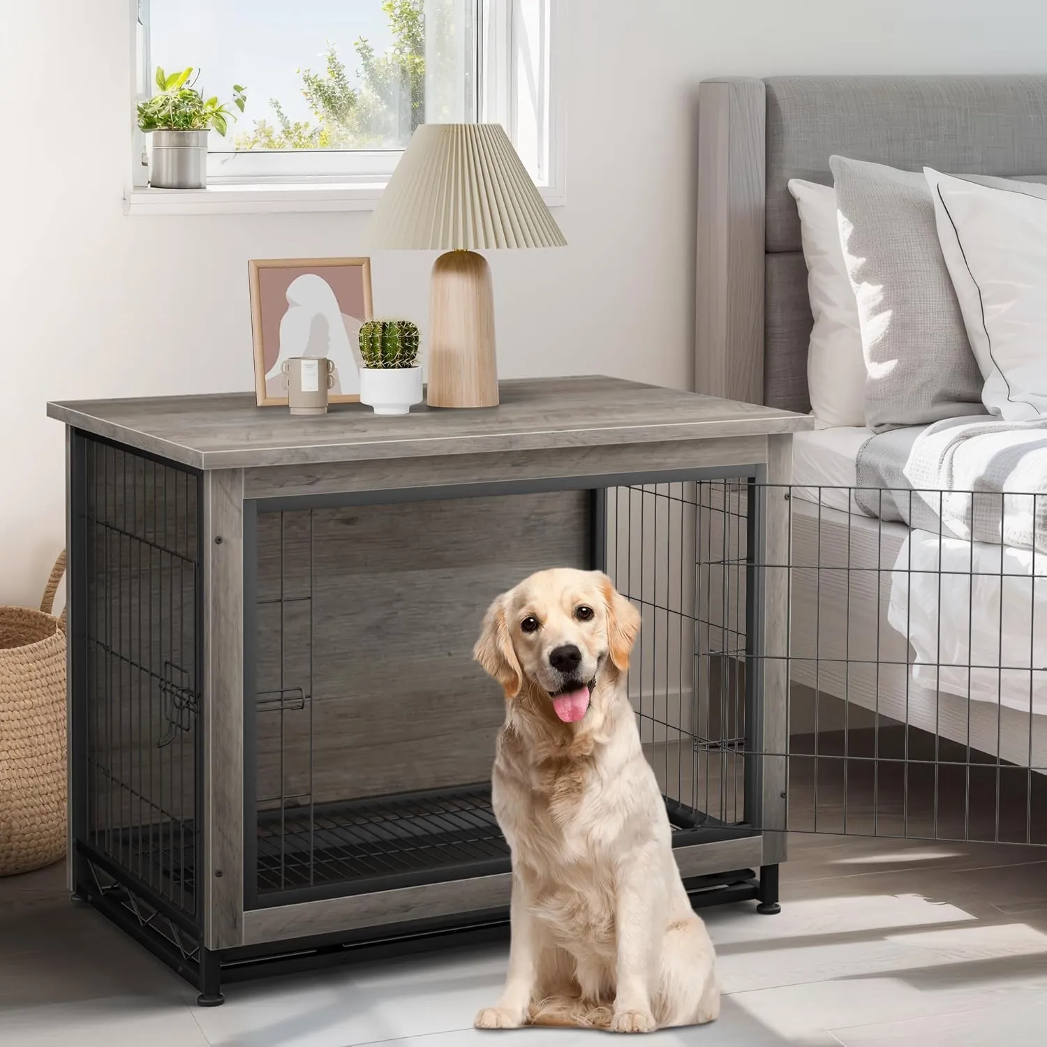 JY QAQA Wooden Crate Furniture, Double-Doors Indoor Kennel Table, Dog House, Cage/Grey/M
