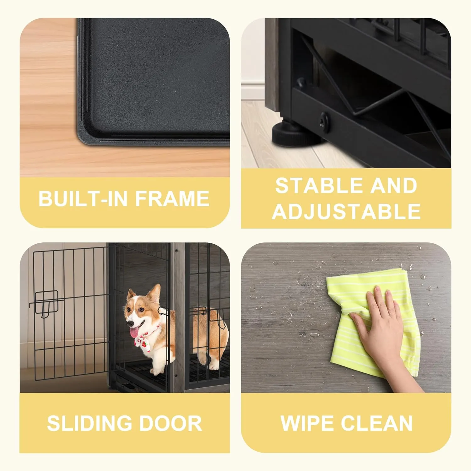 JY QAQA Wooden Crate Furniture, Double-Doors Indoor Kennel Table, Dog House, Cage/Grey/M
