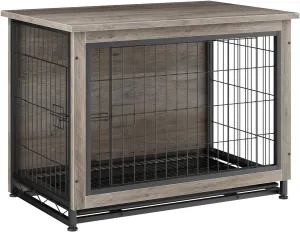 JY QAQA Wooden Crate Furniture, Double-Doors Indoor Kennel Table, Dog House, Cage/Grey/M