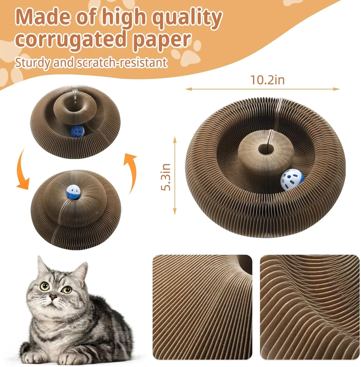 Kitty kurlz cat Toy Magic Organ Cat Scratching Board with Bell Ball,Foldable Accordion Kitty Curls Cat Scratcher,licca Curling Toy for Cats,Pink