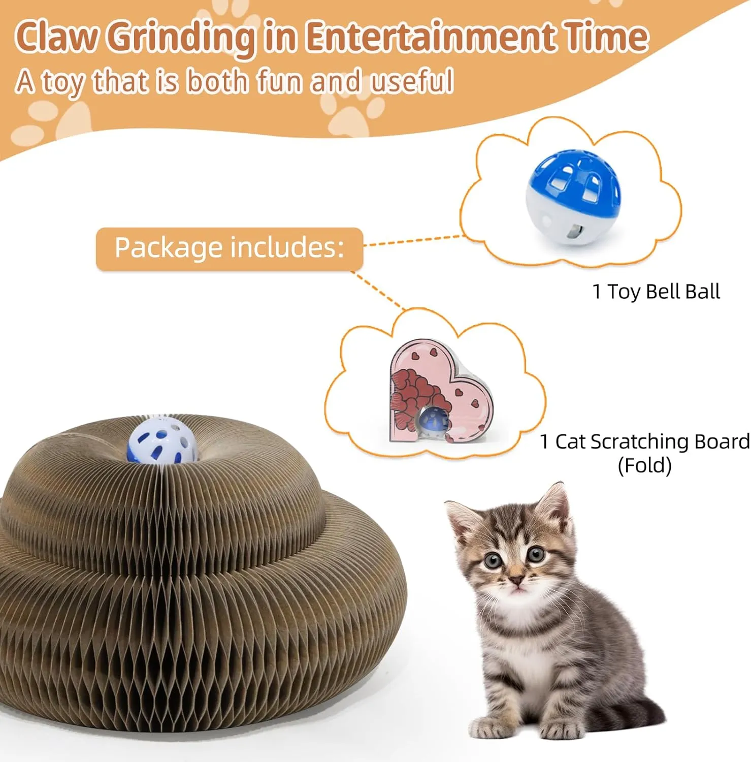 Kitty kurlz cat Toy Magic Organ Cat Scratching Board with Bell Ball,Foldable Accordion Kitty Curls Cat Scratcher,licca Curling Toy for Cats,Pink