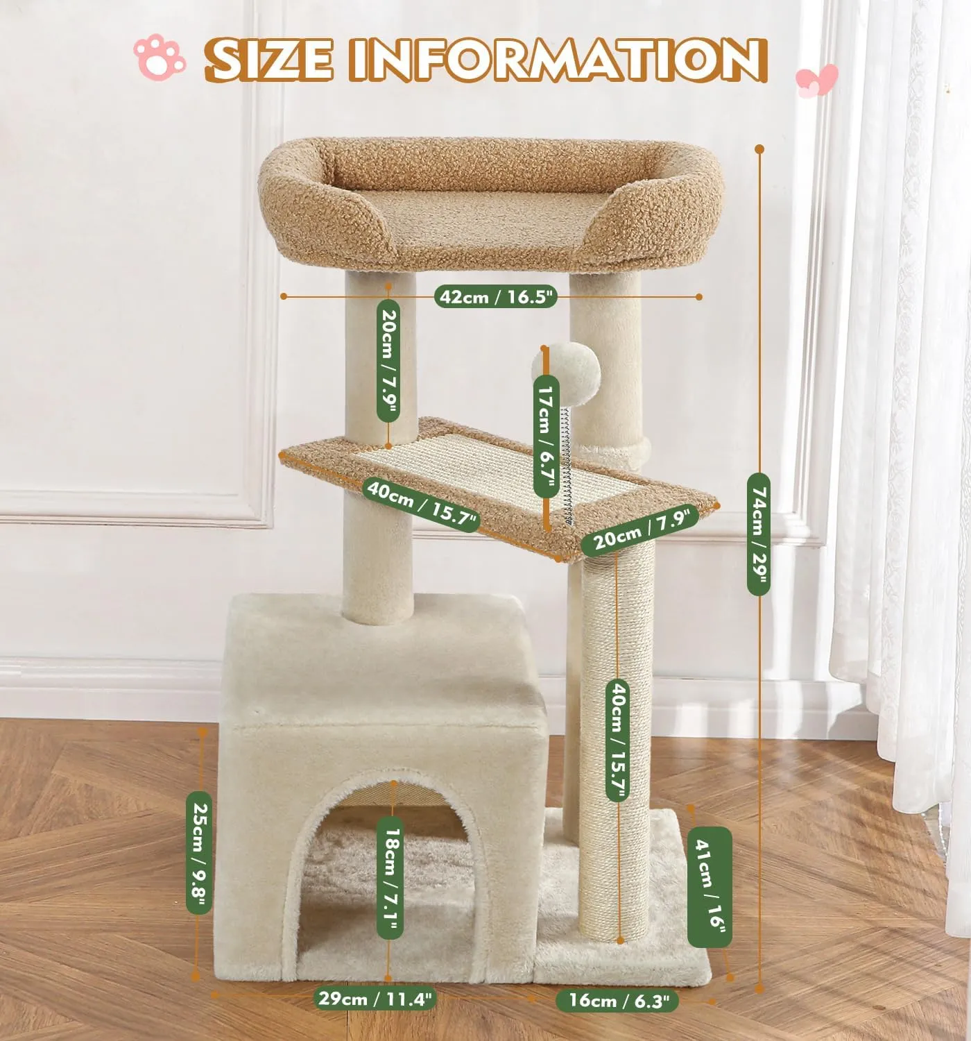 Made4Pets Cat Tree, Carpet Cat Tower Grey for Indoors Cats, Cute Wood Kitty Condo with Scratching Post and Pad, 29" Multi-Level Modern Activity Climbing Furniture for Small and Medium Cats
