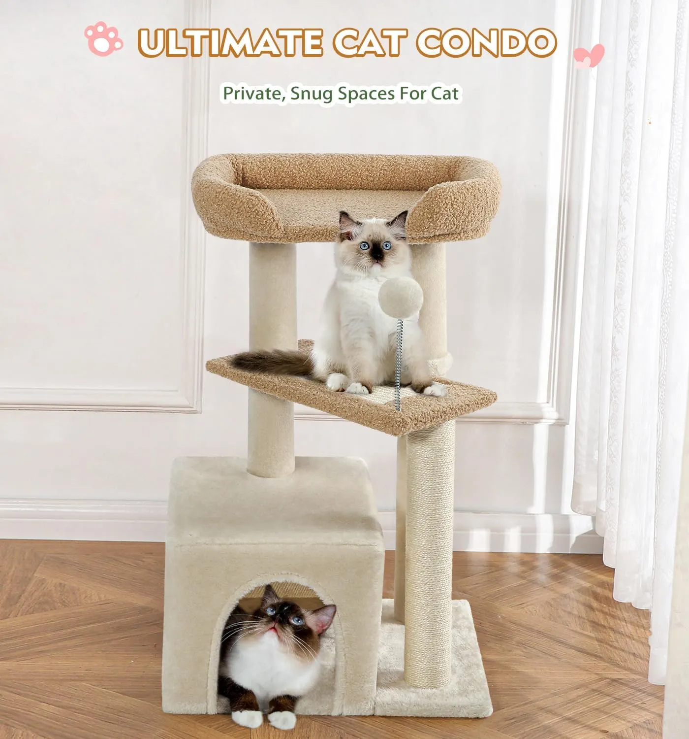 Made4Pets Cat Tree, Carpet Cat Tower Grey for Indoors Cats, Cute Wood Kitty Condo with Scratching Post and Pad, 29" Multi-Level Modern Activity Climbing Furniture for Small and Medium Cats