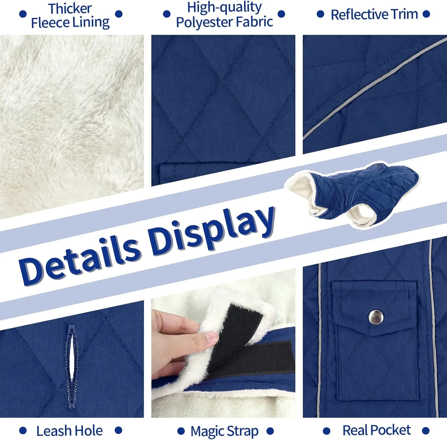 Malier Winter Coat, Windproof Cold Weather Coat with Real Pocket, Extra Warm Dog Fleece Jacket Reflective Clothes for Small to Large Dogs and Puppies (Blue, Large)