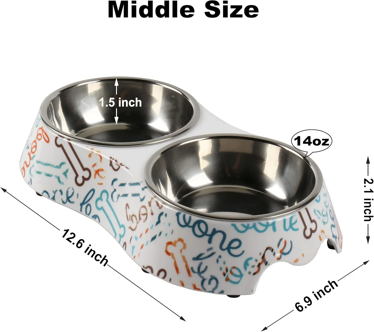 M&BGWPP Melamine Plastic Dog Food Bowl, Non Skid Base, Double Pet Feeder Bowls, 2-in-1 Removable Stainless Steel Pet Water and Food Bowls for Dogs (Middle)
