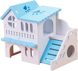 Mikikit Wooden Hamster Villa 2-Level Pet Cage Toys Multi-Chamber Hideout for Hamsters