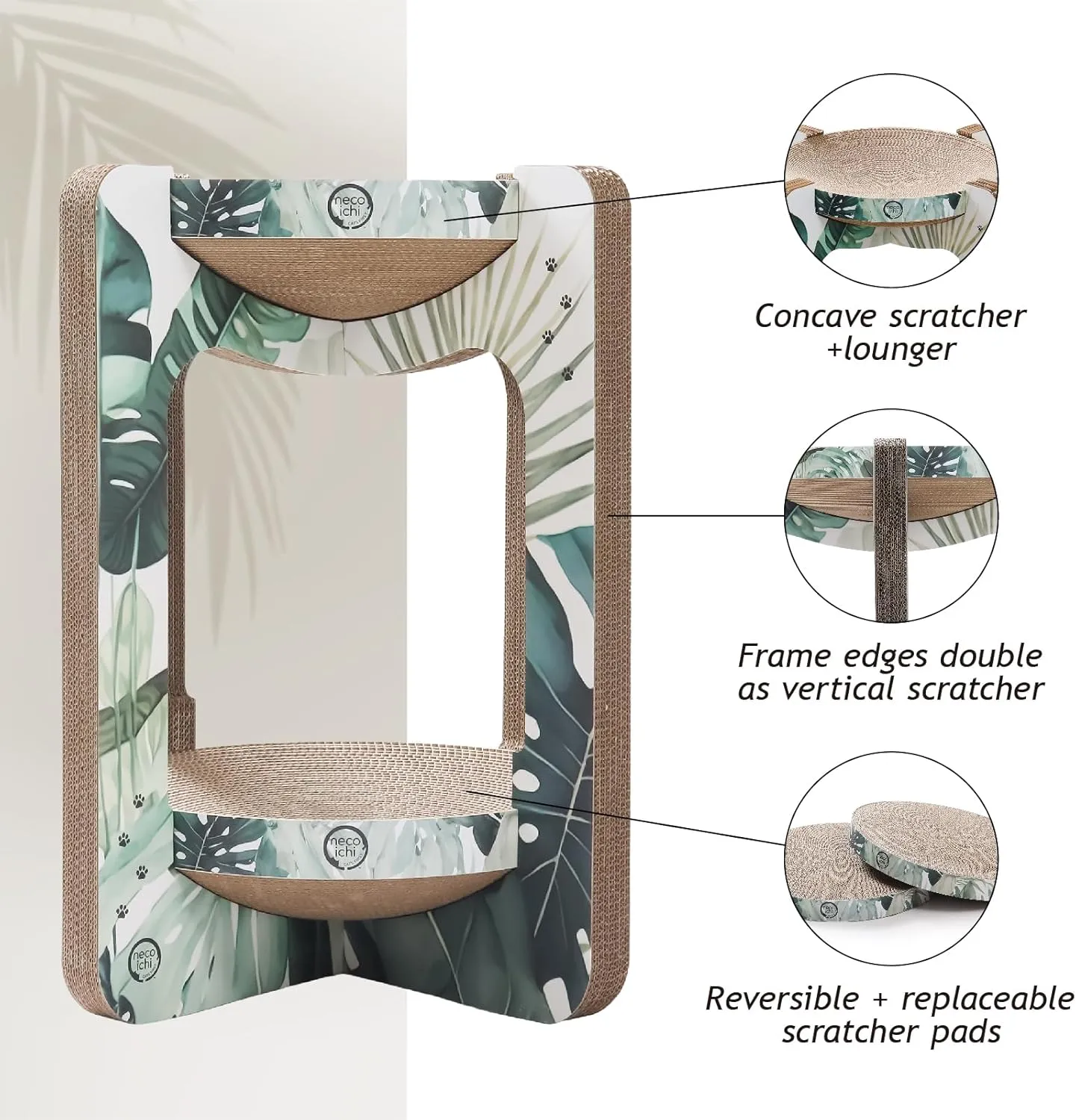 Necoichi Cat Scratcher Tower for Indoor Cats - Cat Scratching Post Lounger with Reversible Usability and Extra Comfort for Lounge, Cardboard Bed Couch / (Regular, Oak)