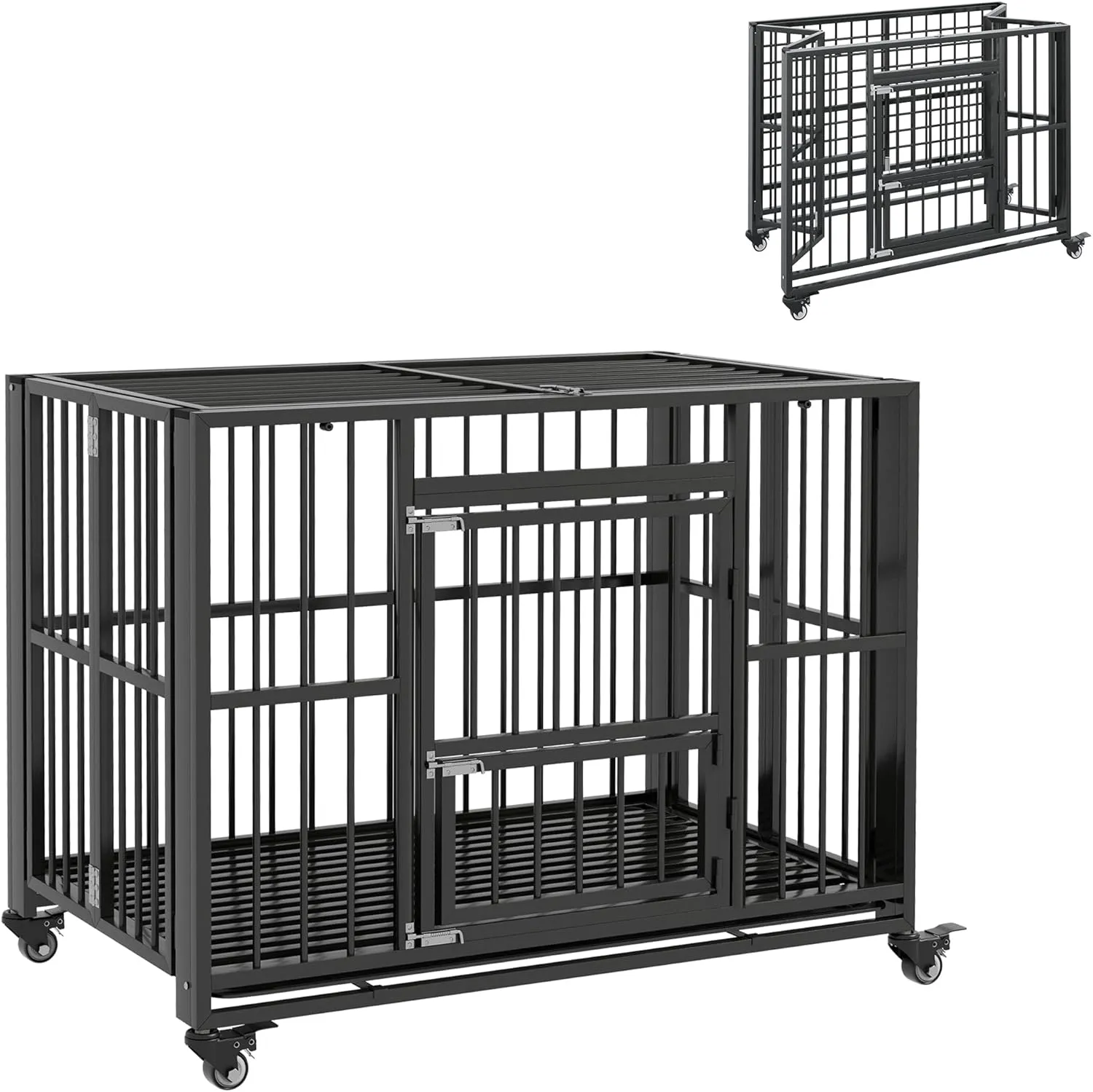 PawHut 43" Heavy Duty Dog Crate, Strong Steel Foldable Large Dog Crate with 4 Lockable Wheels, Double Doors, Openable Top and Removable Trays for Medium and Large Dogs, Black