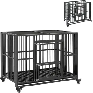 PawHut 43" Heavy Duty Dog Crate, Strong Steel Foldable Large Dog Crate with 4 Lockable Wheels, Double Doors, Openable Top and Removable Trays for Medium and Large Dogs, Black