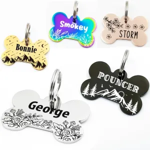 Personalized Pet ID Tags, Customizable Hexagon, Bone and Round Shapes, Multiple Designs with Mountain, Floral, and Night Sky Patterns, Stainless Steel Dog and Cat Tags (Bone)