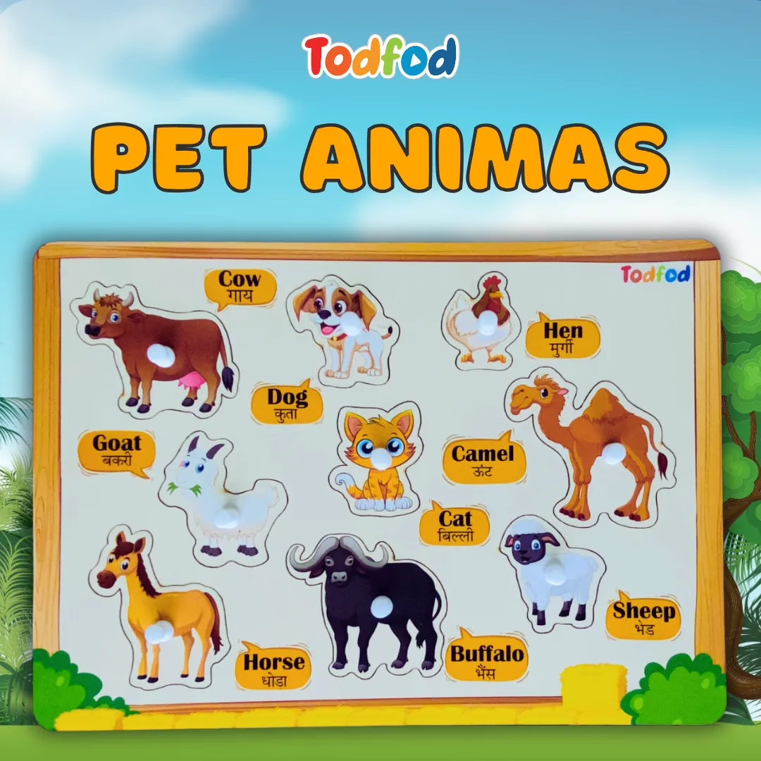 Pet Animal & Vehicle Characters Wooden Knob & Pegged Puzzle for Kids