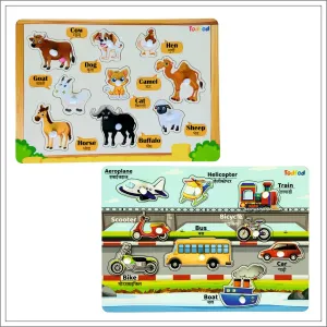 Pet Animal & Vehicle Characters Wooden Knob & Pegged Puzzle for Kids