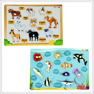 Pet Animals & Fish Characters Knob & Pegged Puzzle for Kids