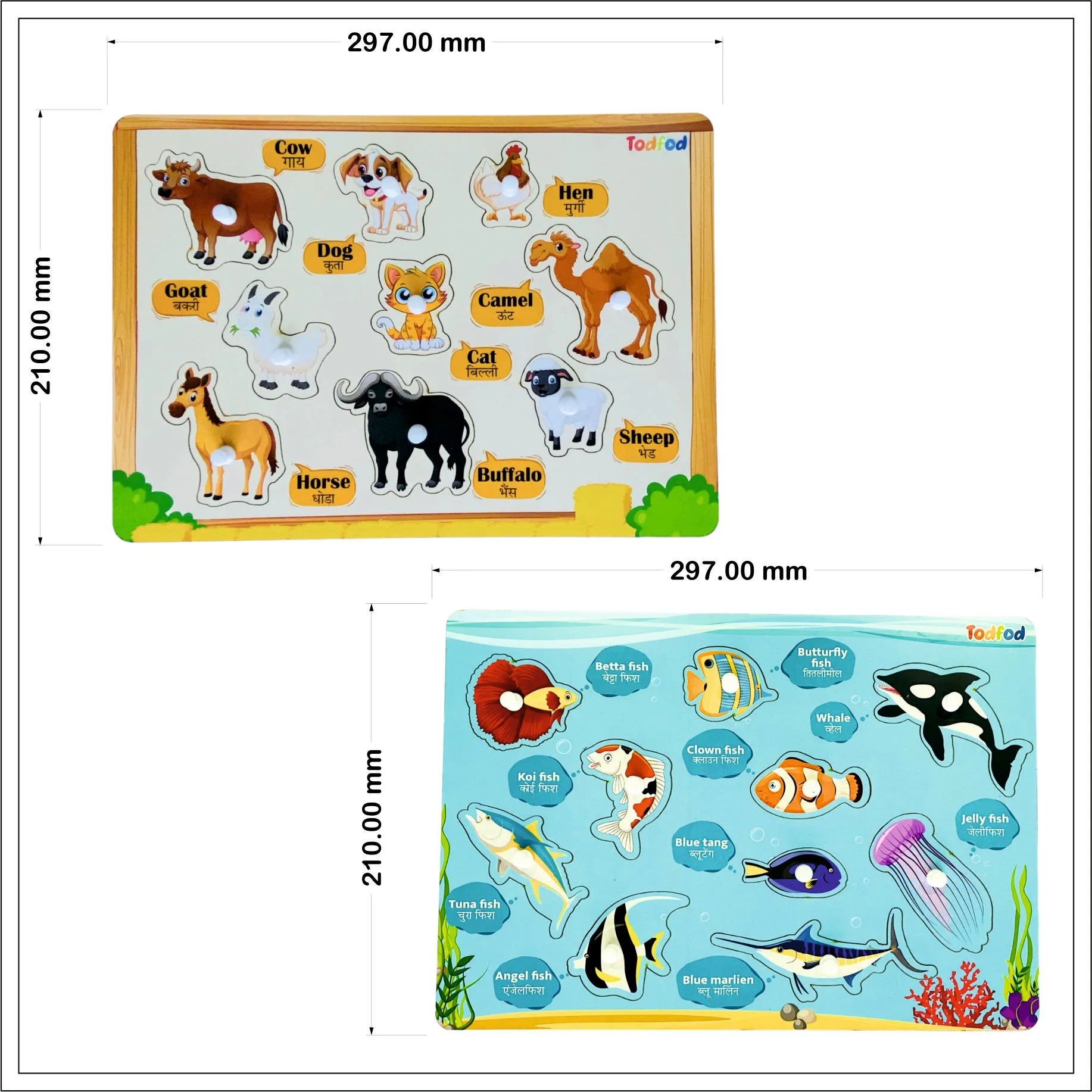 Pet Animals & Fish Characters Knob & Pegged Puzzle for Kids