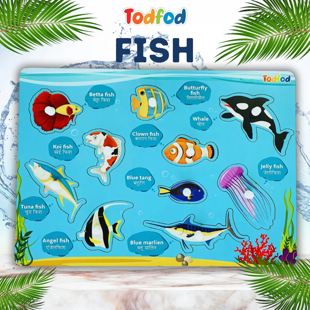 Pet Animals & Fish Characters Knob & Pegged Puzzle for Kids