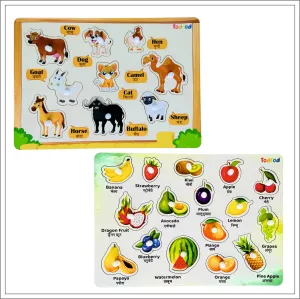 Pet Animals & Fruit Characters Knob & Pegged Puzzle for Kids
