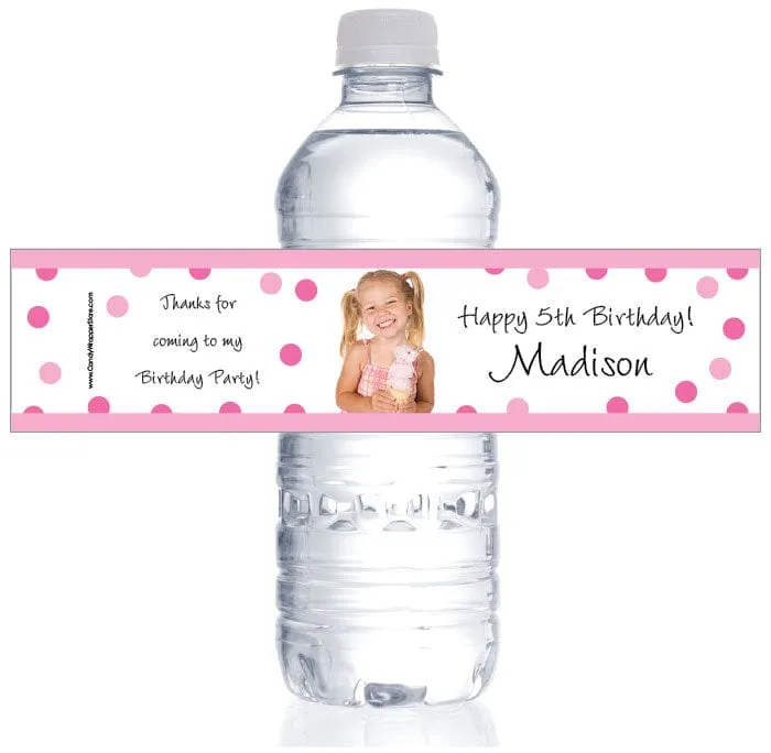 Photo Birthday Pink Dots Water Bottle Labels