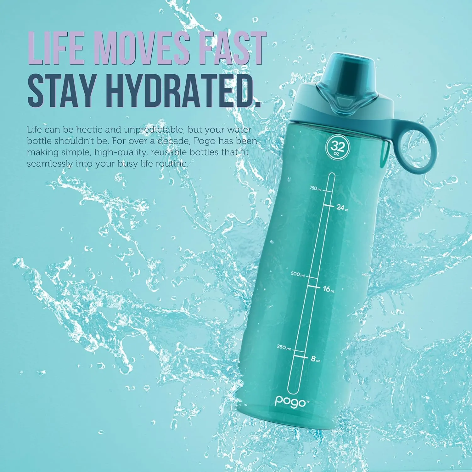 Pogo Plastic Water Bottle with Chug Lid and Carry Handle, Reusable, BPA Free, Dishwasher Safe, Perfect for Travel, School, Outdoors, and Gym | 18oz, 32oz, 40oz, 64oz