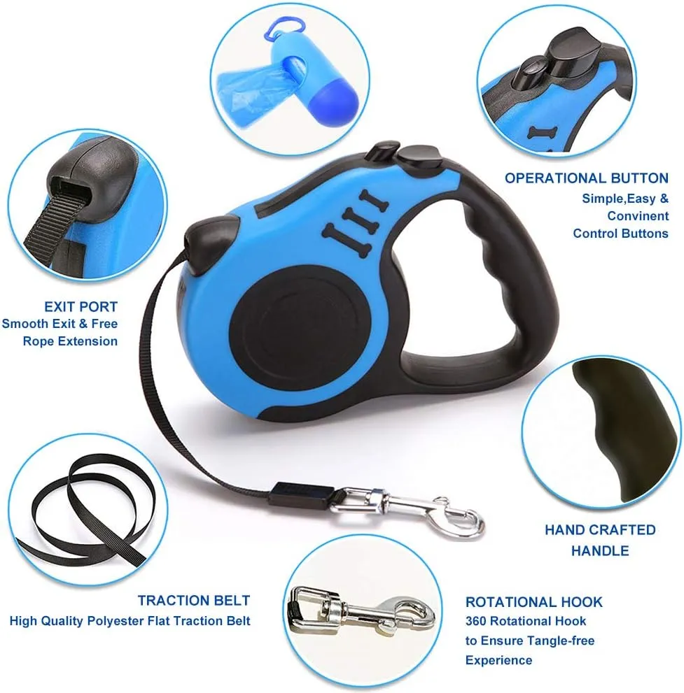 Retractable Dog Leash for Medium - Small Dogs and Cats 16.5FT Tangle Free, Heavy Duty Walking Leash with Anti Slip Handle, Pause and Lock Strong Nylon Tape, Store Dog Leash Retractable