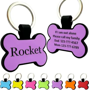 Silent Dog Id Tags Personalized Engraved, Silicone Pet Name Tag for Dogs and Cats in Bone Shape,7 Colors,4 Lines of Customizable Text (Pack of 1)(Purple)