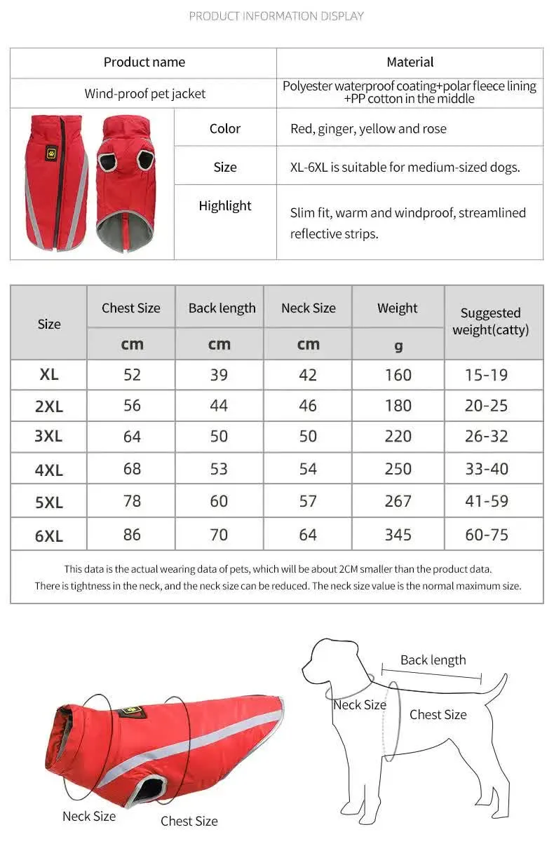 Size 6XL Red Reflective Winter Dog Jacket - Warm & Waterproof Outdoor Coat for Large Breeds