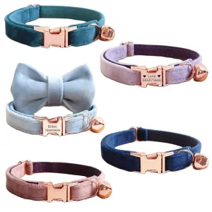 Size S - Velvet Collar Adjustable for Cat or Kittens with Bell & Personalized Customized ID Tag