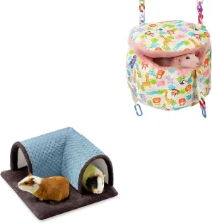 Small Pet Comfort Set - Rat Hanging Bed and Guinea Pig Fleece Tunnel for Sugar Gliders Hamsters Chinchillas Cage Accessories