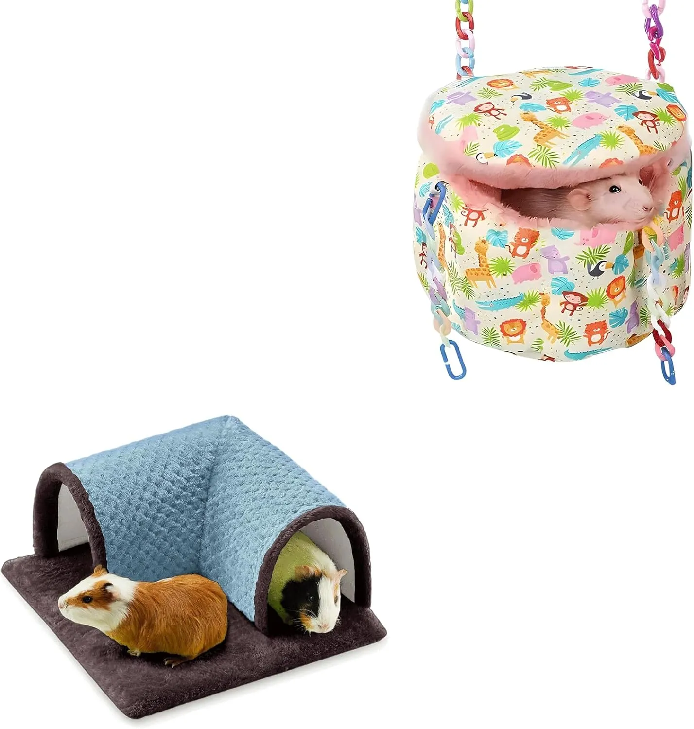 Small Pet Comfort Set - Rat Hanging Bed and Guinea Pig Fleece Tunnel for Sugar Gliders Hamsters Chinchillas Cage Accessories