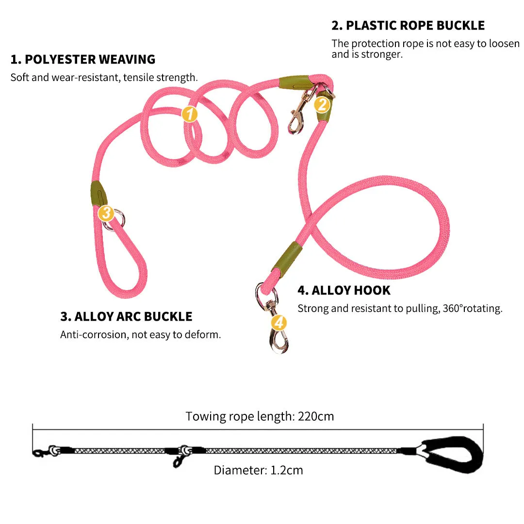SOGA 2X 220cm Multifunction Hands Free Rope Pet Cat Dog Puppy Double Ended Leash for Walking Training Tracking Obedience Pink