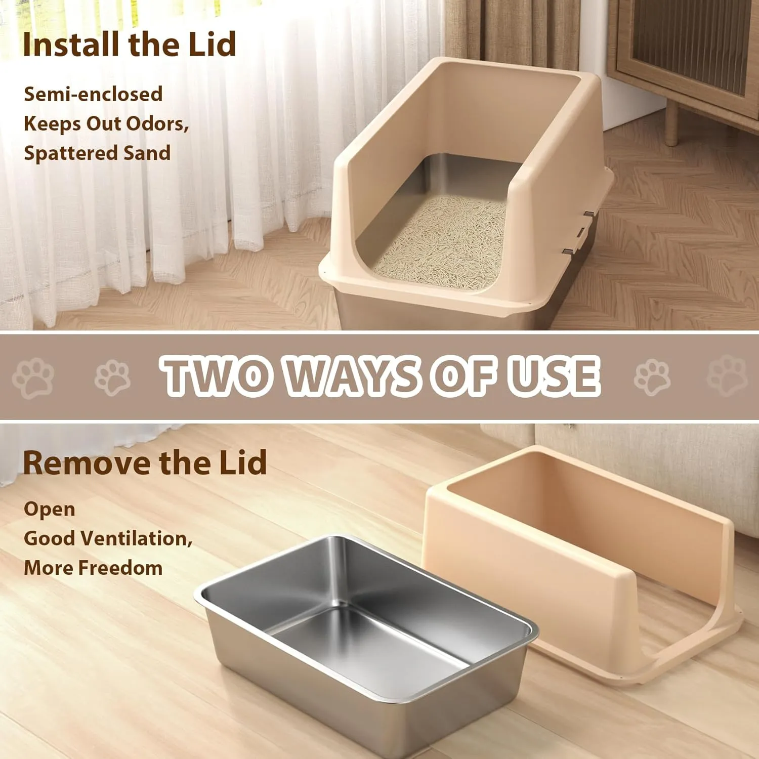 Stainless Steel Cat Litter Box, Metal Litter Box with Lid, 14" Extra Large Litter Boxes for Big Cats, High Sided Beige Cat Box Enclosure Blends with Home Decor, Non-Sticky, Anti-Leakage, Easy Clean