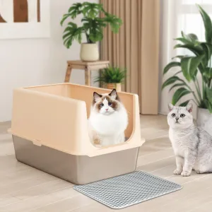 Stainless Steel Cat Litter Box, Metal Litter Box with Lid, 14" Extra Large Litter Boxes for Big Cats, High Sided Beige Cat Box Enclosure Blends with Home Decor, Non-Sticky, Anti-Leakage, Easy Clean