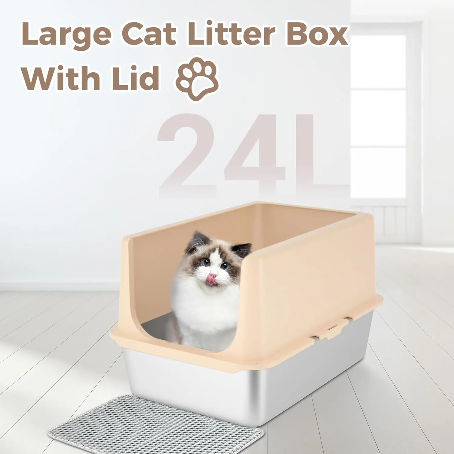 Stainless Steel Cat Litter Box, Metal Litter Box with Lid, 14" Extra Large Litter Boxes for Big Cats, High Sided Beige Cat Box Enclosure Blends with Home Decor, Non-Sticky, Anti-Leakage, Easy Clean