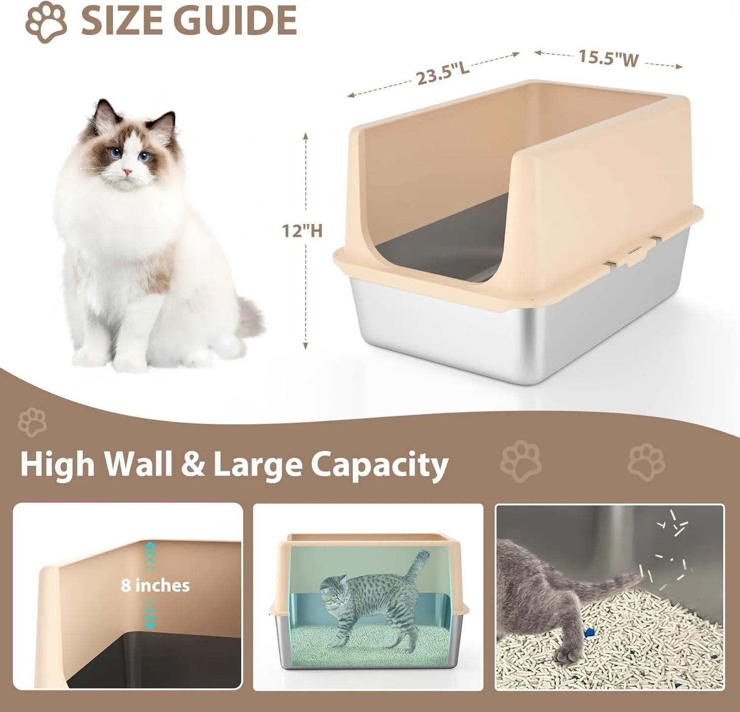 Stainless Steel Cat Litter Box, Metal Litter Box with Lid, 14" Extra Large Litter Boxes for Big Cats, High Sided Beige Cat Box Enclosure Blends with Home Decor, Non-Sticky, Anti-Leakage, Easy Clean