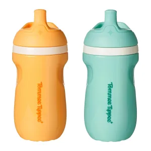 Tommee Tippee Insulated Sporty Bottle, 9oz, No Spill Toddler Water Bottle For 12 months  , Two-Piece Valve Helps Stop Spills, Pack of 2, Light Blue and Orange