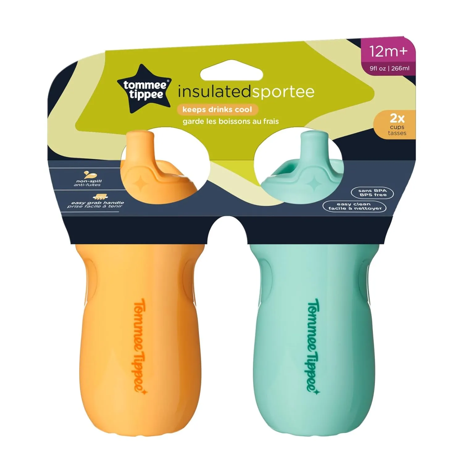 Tommee Tippee Insulated Sporty Bottle, 9oz, No Spill Toddler Water Bottle For 12 months  , Two-Piece Valve Helps Stop Spills, Pack of 2, Light Blue and Orange