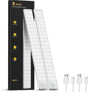 Under Cabinet Lighting - 14.7" Motion Sensor Light Indoor, Magnetic Wireless Closet Lights, Dimmable Led Night Light, Rechargeable Under Counter Lights for Kitchen, Bedroom, Stair, 2 Pack