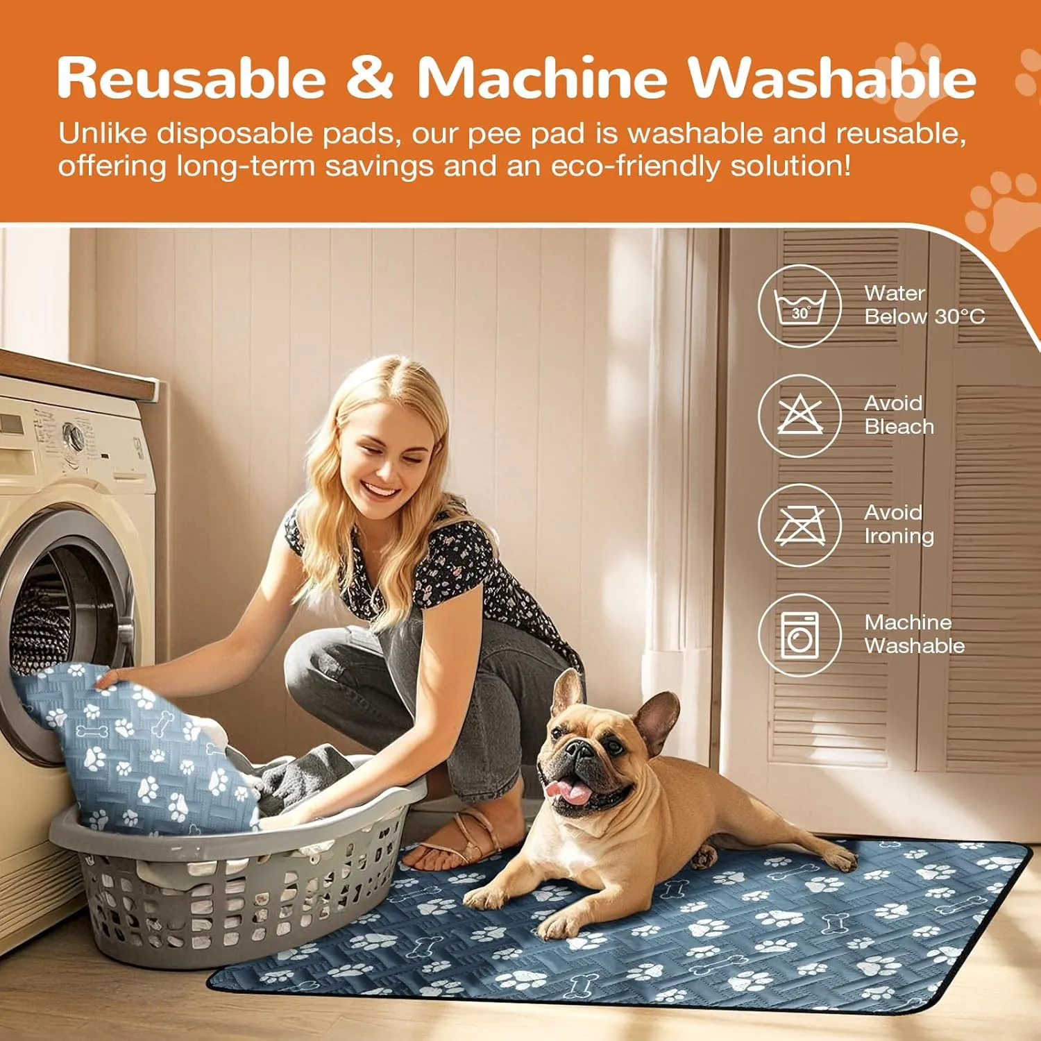 Washable Pee Pads for Dogs, 34"x52" Absorbent Reusable Whelping Pee Mat, Non-Slip & Leakproof 100% Waterproof Puppy Training Pads for Playpen, Crate, Floor, Sofa, Car, Blue