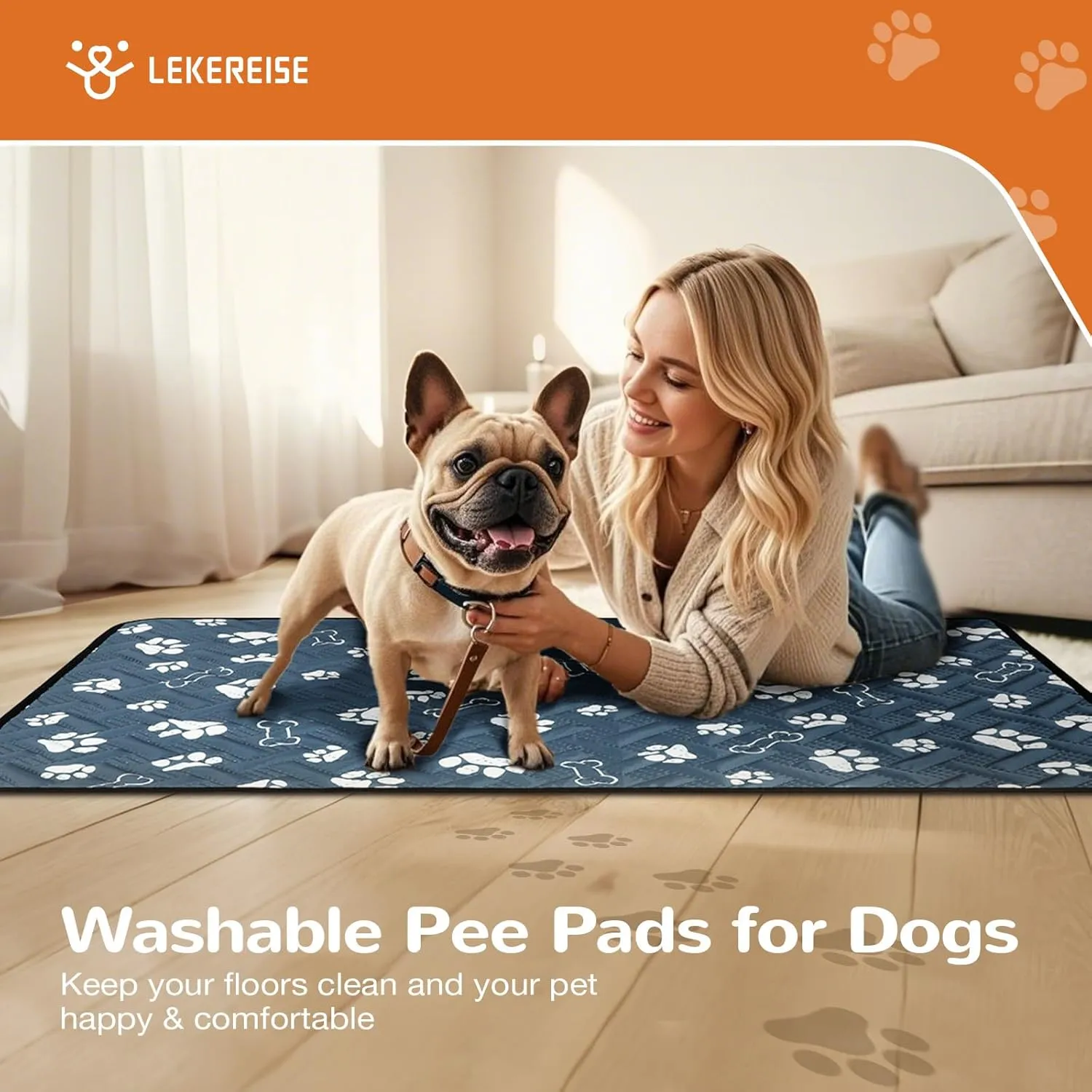 Washable Pee Pads for Dogs, 34"x52" Absorbent Reusable Whelping Pee Mat, Non-Slip & Leakproof 100% Waterproof Puppy Training Pads for Playpen, Crate, Floor, Sofa, Car, Blue