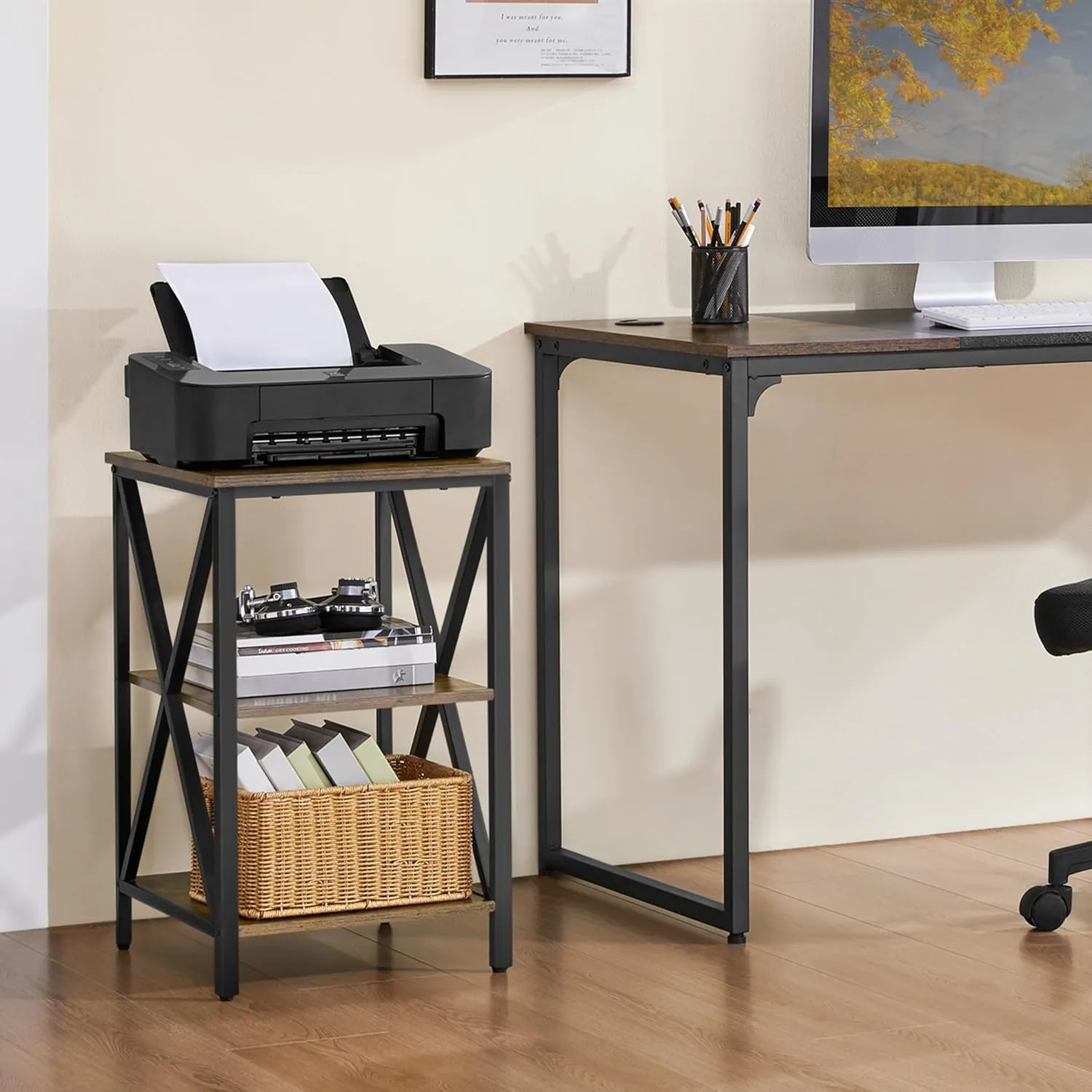 Yaheetech Industrial End Tables, 3-Tier Side Tables with Storage Shelves for Living Room, X Design Sofa Tables, Strong Metal Frame, Easy Assembly, Rustic Brown