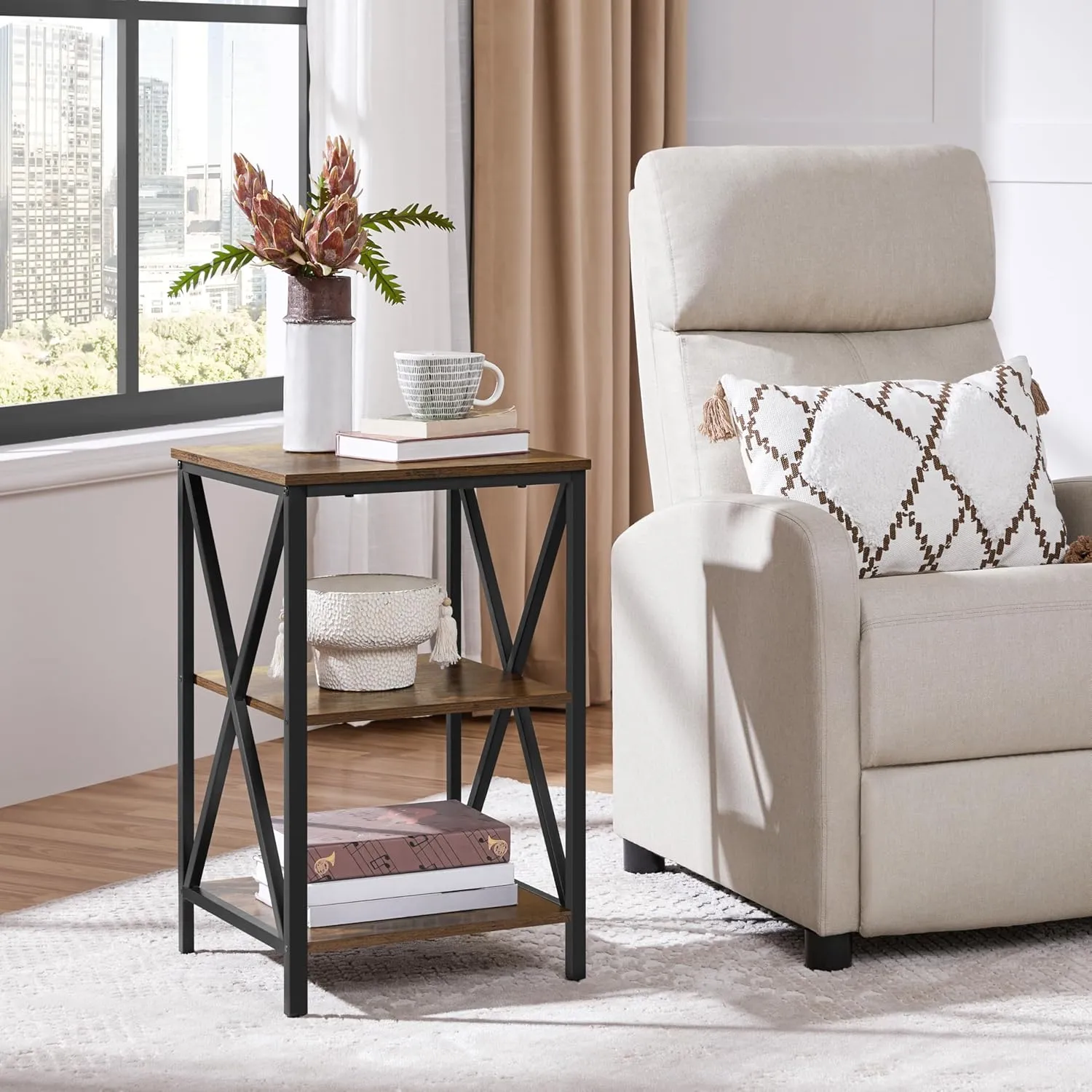 Yaheetech Industrial End Tables, 3-Tier Side Tables with Storage Shelves for Living Room, X Design Sofa Tables, Strong Metal Frame, Easy Assembly, Rustic Brown
