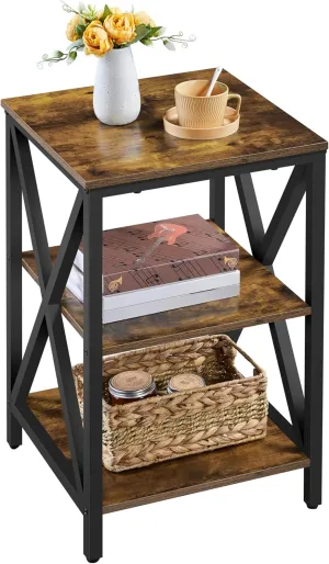 Yaheetech Industrial End Tables, 3-Tier Side Tables with Storage Shelves for Living Room, X Design Sofa Tables, Strong Metal Frame, Easy Assembly, Rustic Brown